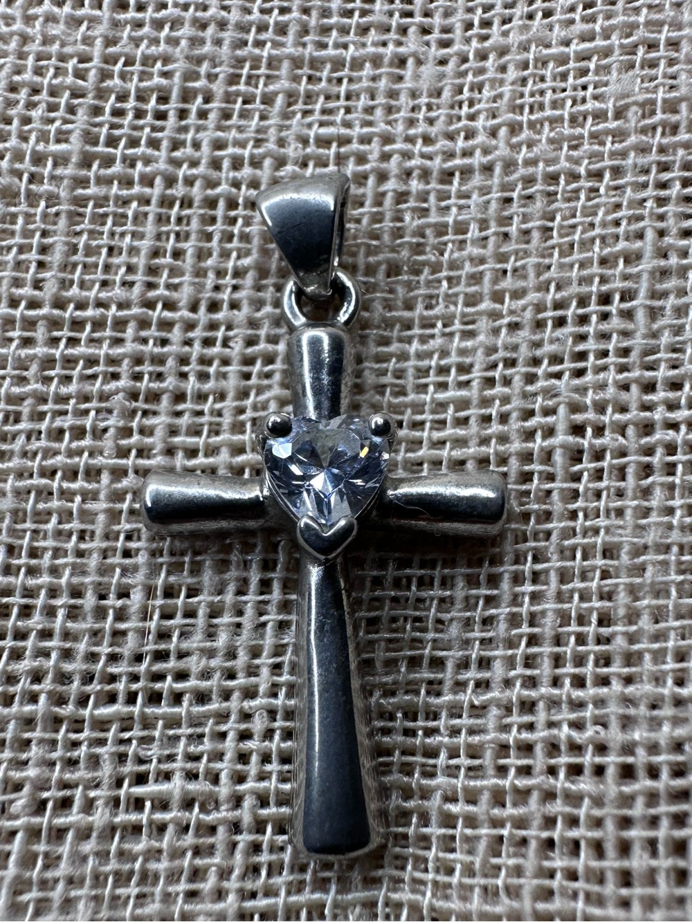 Vintage 925 Sterling Silver Heart CZ Cross Pendant Charm